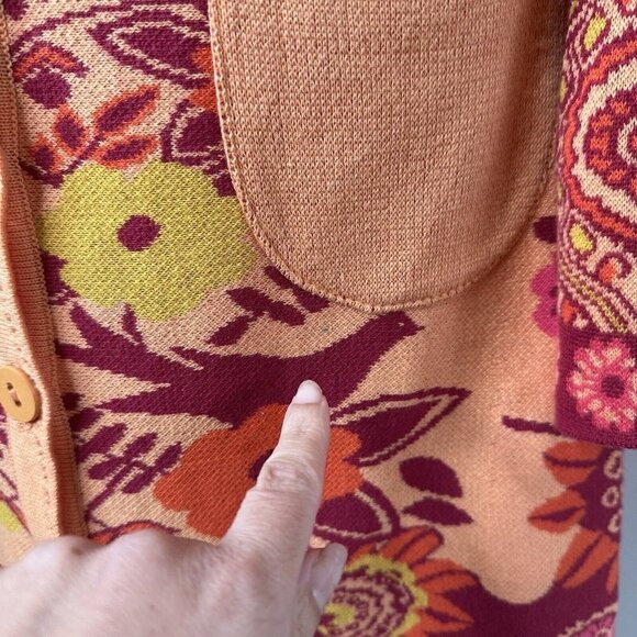 KOOI Knitwear Sz M Orange Red Floral Long Cardigan Artsy Boho Retro Festival Hip - Picture 6 of 13